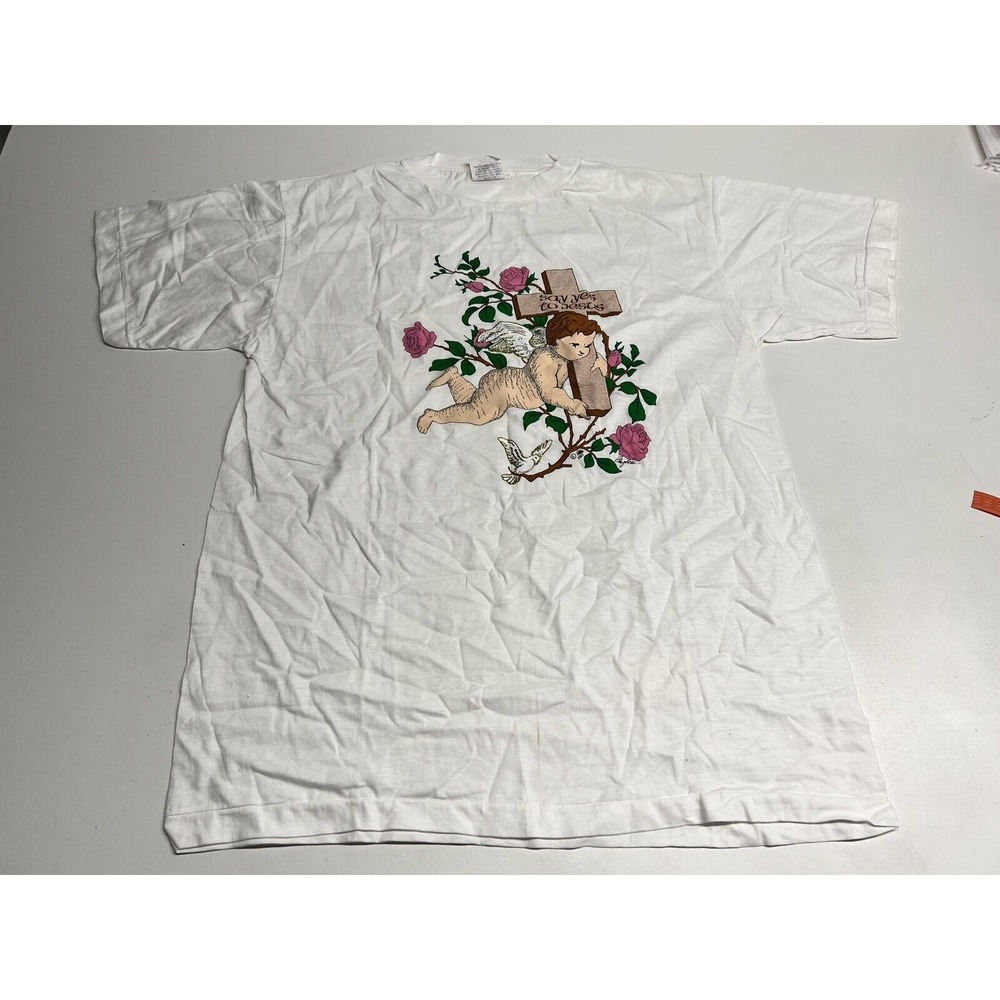 Cute Baby Angel Christian T-Shirt Say Yes to Jesus Grannycore Sz L DEADSTOCK Vtg